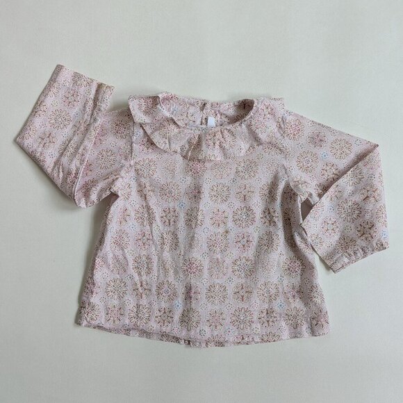 Jacadi Other - Jacadi Paris Liberty Baby Cotton Blouse 12 Months Pink Ruffle Neck Long Sleeves